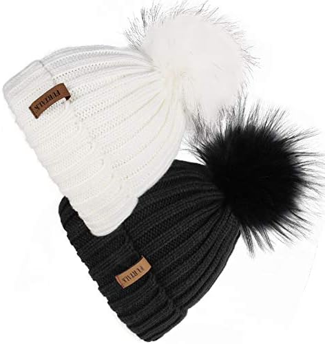 FURTALK Bayan Kış Örme Bere Şapka Taklit Kürk Pom ile 2 Paket Sıcak Örgü Kafatası Kap Bere Kadınlar için…