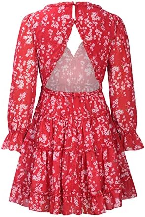Bayan Şifon Plaj Elbise 2023 İlkbahar Yaz Fırfır V Boyun Uzun Kollu Çiçek Mini Elbise Backless Boho Günlük Elbiseler