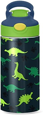Kigai Yeşil Camo Dinozor Çocuklar Su Şişesi ile Saman Kapak, BPA Ücretsiz, 12 oz Paslanmaz Çelik Vakum Yalıtımlı Sızdırmaz