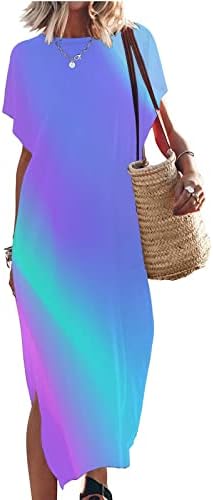 Yaz Casual Maxi Elbise Kadınlar için Gevşek Rahat Kısa Kollu Bölünmüş Moda Elbiseler Batik Renk Blok Plaj Elbise