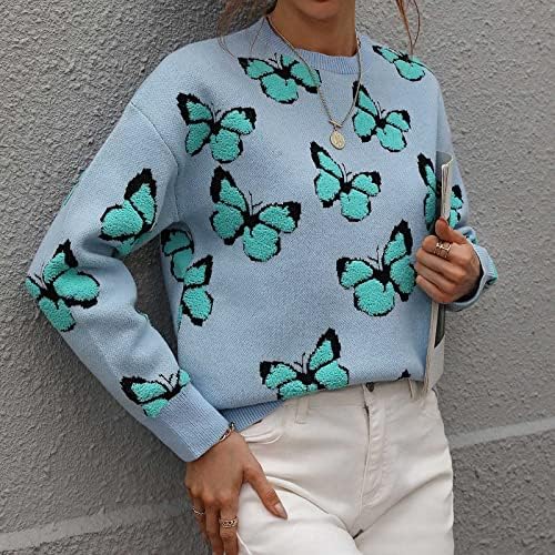 Kadın Kelebek Baskı Örgü Kazak Uzun Kollu Sevimli Grafik Örme Kazak Tops 2022 Sonbahar Rahat Tişörtü Bluzlar