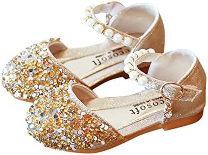 Kız Sandalet Bling İlmek Çocuklar Bebek Sandalet Tek Ayakkabı Prenses İnci Kız Kristal Bebek Bebek Ayakkabıları (Altın-2,