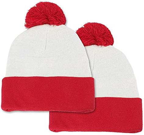 Kırmızı Beyaz Pom Pom Manşet Örgü Bere Şapka (Sadece Bere, 2 Paket)