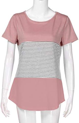 JFLYOU Kadın T-Shirt, Moda Kısa Kollu Üçlü Renk Blok Şerit Casual Bluz Tunik Tee (Pembe, XL)
