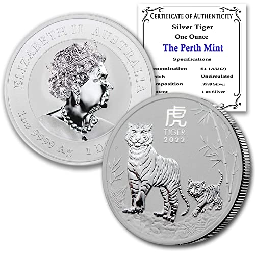 2022 AU 1 oz Gümüş Avustralya Kaplan Madalyonunun Ay Yılı Orijinallik Sertifikası ile Parlak Dolaşımsız (Kapsül içinde)
