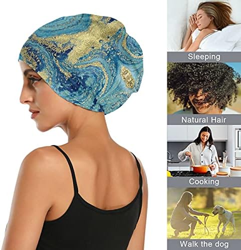 Kafatası Kap Uyku Kap Çalışma Şapka Bonnet Beanies Kadınlar için Soyut Altın Mermer Çizgili Mavi Uyku Kap Çalışma