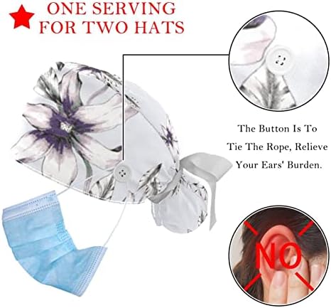 2 Paket Fırçalama Kap Kadın Düğmeleri ile, Ayarlanabilir Elastik Kravat Geri Kafatası Şapka, Çiçek Çiçek Kabarık Cerrahi