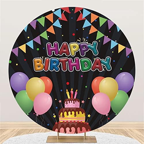 Laeacco 6x6ft Renkli Mutlu Doğum Günü Yuvarlak Zemin Renkli Balonlar Afiş Daire Zemin Kapak Karikatür Kek Baskı Yuvarlak