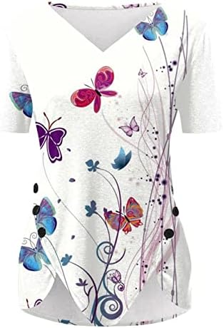 Yaz Casual Bluz Kadınlar için V / O Boyun Çiçek Baskı T Shirt Kısa Kollu Düzensiz Hem Tunik Üstleri Tayt