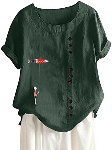 Düğme Aşağı Keten Gömlek Bayan, Artı Boyutu Yaz Tee Bluz Rahat Moda Kısa Kollu Düğme Tshirt Moda Gevşek Tunik