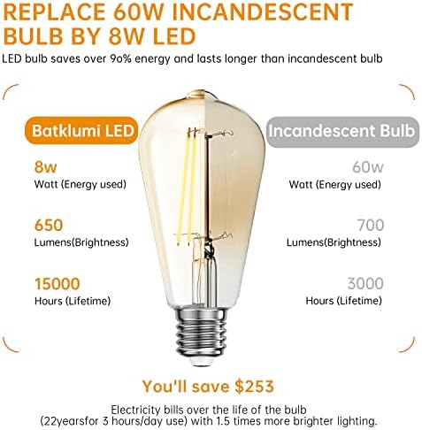 Batklumi LED Edison ampuller ışık: Dim 8 W eşdeğer 60 Watt E26 ampuller 2200 K Amber sıcak Vintage ampuller 80+ CRI