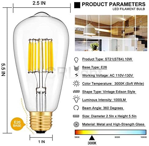 CRLight 10W Kısılabilir LED Edison Ampul 3000K Yumuşak Beyaz Kızdırma, 100W Eşdeğer 1000LM Yüksek Parlaklık, E26 Taban