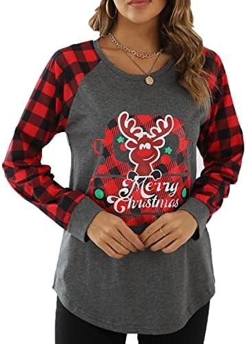 Merry Christmas T Shirt Kadınlar için Beyzbol Uzun Kollu Raglan Ekose Ekleme Tee