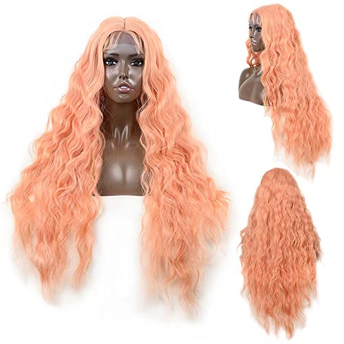 KRY Pembe Peruk Kadınlar için Dantel ön peruk 32 inç Uzun Vücut Dalga Peruk İsıya Dayanıklı sentetik saç Peruk Ön