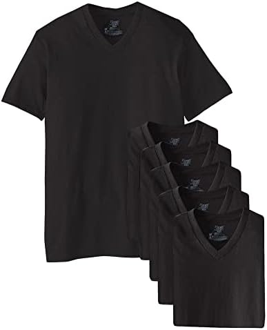 Hanes Erkek Klasik V Yaka Tişört | Düz Yakalı Etiketsiz / %100 Pamuklu 6'lı Paket-Siyah Büyük