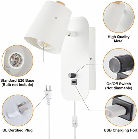 DASTOR Plug in Duvar Aplikleri iki Set, Ayarlanabilir açılı Duvar aydınlatma armatürleri, USB Şarj Portlu Başucu Duvar