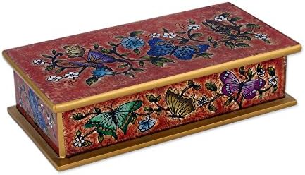 NOVİCA Çiçekli Dekoratif Cam Ahşap Kutu, Çok Renkli, Kırmızı Renkte Muhteşem Kelebekler'