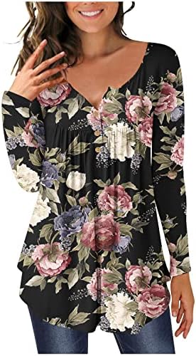 GATXVG 2022 Çiçek Tunik Henry Üst Bayan Uzun Kollu V Boyun Uzun Kollu Üstleri Elastik Bluz Gömlek Akıcı Gevşek Üst