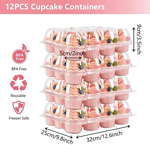 FVİEXE 12 Paket Plastik Cupcake Kapları 12 Adet, Tek Kullanımlık Düzine Cupcake Kutuları Toplu, 12 Cupcakes için Çıkarılabilir