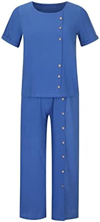 Kraliyet Mavi Pantolon Setleri Bayanlar için Sonbahar Yaz Keten Salonu Düz Bacak Temel pantolon setleri Genç Kız Düğme