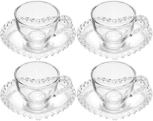 Sizikato 4 şeffaf cam fincan ve çay tabağı seti, kalp şeklinde fincan tabağı ile 3 Oz espresso fincanı