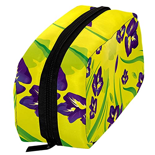 Inhomer makyaj çantaları Kadınlar için Mor Iris Çiçek Sarı Arka Plan İle Seyahat Kozmetik Makyaj Çantası Kullanışlı
