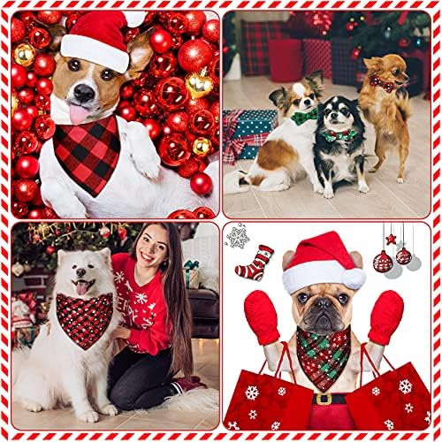 8 Adet Noel Yaka ve Köpek Bandana Seti Papyon ve Çan ile Ayarlanabilir Kopan köpek Tasması ve Noel Buffalo Ekose Pet