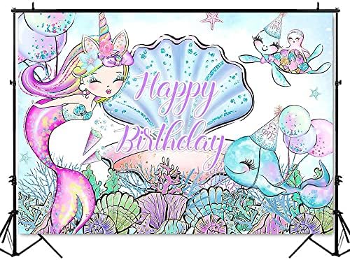 Mermaid Doğum Günü Arka Plan Unicorn Mermaid Parti Süslemeleri Zemin Deniz Altında Mutlu Doğum Günü Dekorasyon Afiş