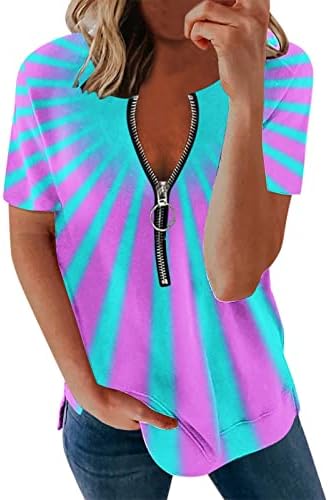 Bayanlar V Boyun Spandex Bluz Zip Up Tops Genç Kızlar için Kısa Kollu Grafik Yaz Sonbahar Bluz Giyim FJ