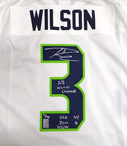 Seattle Seahawks Russell Wilson İmzalı Beyaz Nike Forması SB XLVIII Champs, SEA 43 Den 8, 2/2/14 9/48 RW Holo 34873