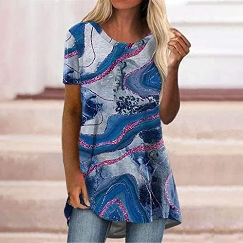 Kadın Yaz Tunik Üstleri Tüm Baskı T-Shirt Yuvarlak Boyun Kısa Kollu Bluzlar Kavisli Hem Casual Tee Üst