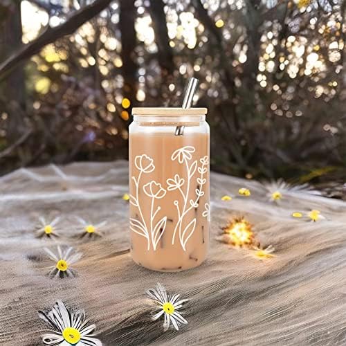 Coolife Çiçek Buzlu Kahve Fincanı-Bambu Kapaklı 16 oz Kutu Şeklinde cam bardak Saman-Çiçekli Cam Kutu, Kahve için