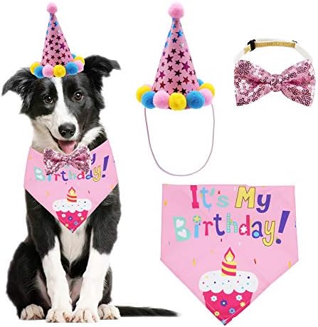 ADOGGYGO Köpek Doğum Günü Bandana Eşarp ve Köpek Kız Erkek Doğum Günü Partisi Şapka ile Sevimli köpek papyonu için