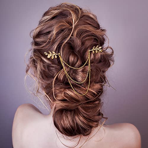 OIIKI Altın Saç Zinciri Klipleri 4 adet, zeytin Dalı Püskül Yaprak Pin Saç Klipler Kadınlar Kızlar için, kafa Zinciri