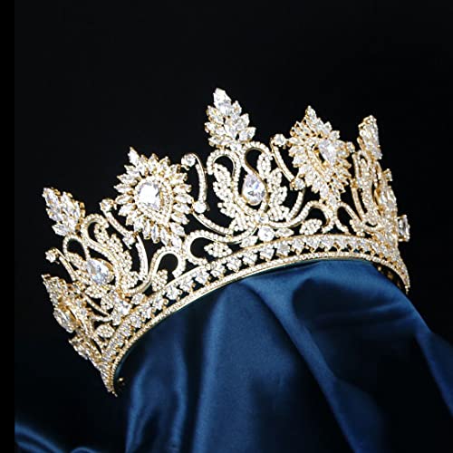 QXMYOO Lüks Büyük Tiaras ve Taçlar Düğün için Kübik Zirkonya Pageant Taç Tall Gelin Tiara Gümüş Altın Güneş Çiçek