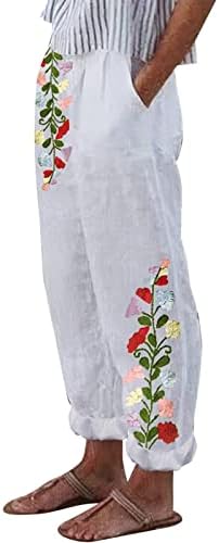 FİRERO Pamuk Keten Pantolon Kadınlar için Elastik Bel Geniş Bacak Pantolon Yaz Artı Boyutu Baskılı Düz Bacak cepli