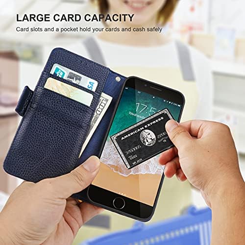 Bocasal Cüzdan Kılıf iPhone SE(2022)/SE(2020)/8/7, Hakiki Deri Desteği Kablosuz Şarj RFID Engelleme Flip Case Kart