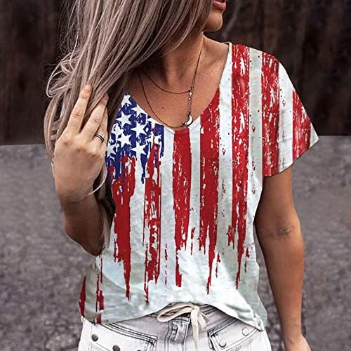 Kadın Yaz Kısa Kollu Tunik Üstleri V Boyun Sevimli Amerikan Bayrağı Baskılı Tees Tshirt Rahat Rahat Bluzlar Üst