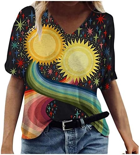 Kadın yaz moda T-Shirt renkli boyama hayvan çiçek grafik üstleri V boyun kısa kollu bluzlar