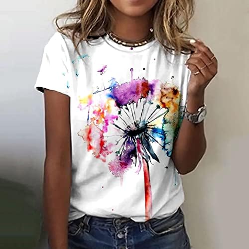 Kadın Moda T-Shirt Yaz Bluzlar Tees Yuvarlak Boyun Suluboya Ayçiçeği Karahindiba Baskı Kısa Kollu Gömlek Üst