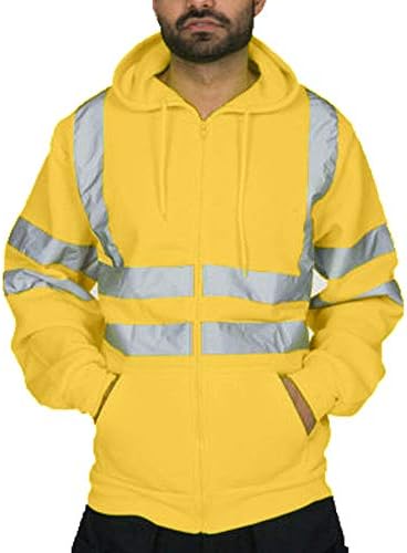 WENKOMG1 Unisex Yüksek Görünürlük Güvenlik Kapüşonlu Sweatshirt Hafif Baggy Ceket Uzun Kollu Yansıtıcı Zip Up Gömlek