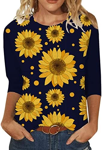 Bayan Ayçiçeği Çiçek Grafik Tshirt Ekip Boyun Bluzlar Tişörtleri Uzun 3/4 Kollu Brunch Yaz Sonbahar Tshirt 2023 7V