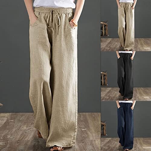 İpli Keten Pantolon Kadınlar için, rahat Geniş Bacak Düz Pantolon Düz Yaz Salonu Palazzo Pantolon Fil Pantolon