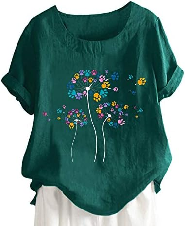 Kadınlar için bluzlar Şık Rahat, Çiçek Baskılı Yuvarlak Boyun Kısa Kollu Artı Boyutu Keten Gömlek Moda Bayan Üstleri