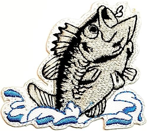 Kleenplus 2 adet. Siyah Gri Bas Balık Işlemeli Yama kumaş yapışkanı Bas Balık Spor Göl Okyanus Balıkçı Karikatür Demir
