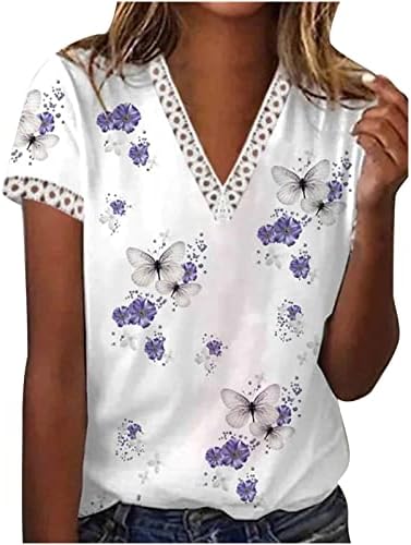 Bayan V Boyun Çiçek Tunik Üstleri Dantel Trim Dışarı Çıkmak Yaz Kısa Kollu T Shirt Baskılı Gevşek Fit moda üst giyim