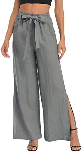 Meymia Bayan Pamuk Keten Pantolon,2023 Yaz Kadın Zarif Düz Renk Geniş Bacak Önlüklü Streç Yoga Palazzo Pantolon Bir