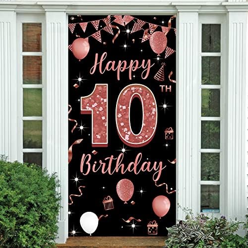 10. Doğum Günü Süslemeleri Zemin Kapı Afişi, Kız için Mutlu 10. Doğum Günü Dekorasyonu, Siyah Gül Altın 10 Yaşındaki