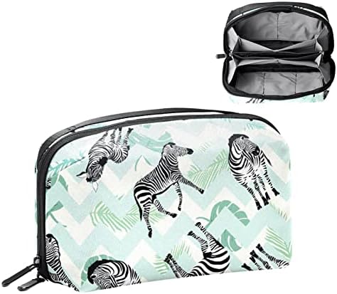 Su geçirmez Makyaj Çantası Zebra Yaprakları Yeşil Beyaz Dalga Desen makyaj çanta düzenleyici Seyahat Zip makyaj çantası