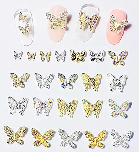 22 Adet 3D Kelebek Tırnak Takılar Kristaller Elmas Rhinestones,Kristaller Elmas Kelebek Yay Tırnak Sanat Güzellik